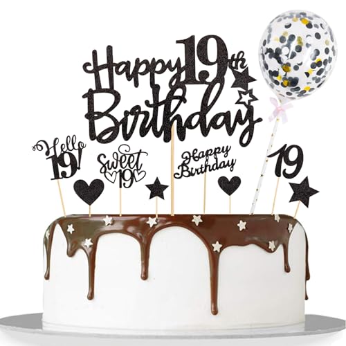Catelves Tortendeko 19 Geburtstag Junge Mädchen,10 Stk Glitzer Cake Topper 19 Geburtstag Deko Schwarz,Happy 19th Birthday Kuchendeko,Sweet 19 Torten Deko,Hello 19 Cupcake Topper 19 Jahre Junge von Catelves