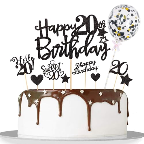 Catelves Tortendeko 20. Geburtstag Mann Frau,10 Stk Glitzer Cake Topper 20 Geburtstag Deko Schwarz,Happy 20th Birthday Kuchendeko,Sweet 20 Torten Deko,Stern Hello 20 Cupcake Topper 20 Jahre Mann von Catelves