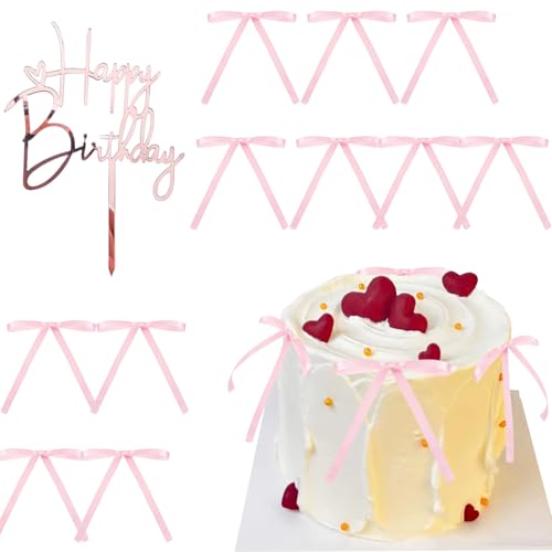 Catelves Happy Birthday Tortendeko Schleifen Rosa, 21 Stück Bogen Tortenaufleger, Cake Topper Hochzeit, Schleifen Tortendeko Geburtstag, Kuchendeko Geburtstag, Bogen für Babyparty Geschenkverpackungen von Catelves