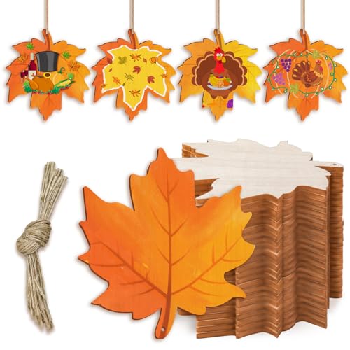 Catephe 36 Stück unlackiertes Ahornblatt, Ahornblatt-Holzausschnitte, Basteln zum Bemalen, Herbst-Halloween-Erntedankfest, Dekoration mit Loch Hanfseil zum Aufhängen von Catephe