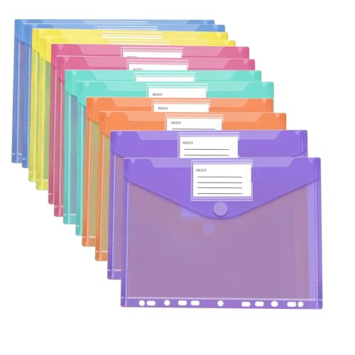 Catime 12 Pcs Dokumentenmappe A4, 6 Farben mit 11 Lochrand und Etikettentasche, Wasserdichte Prospekthüllen A4, Horizontal, Mehrfarbig von Catime