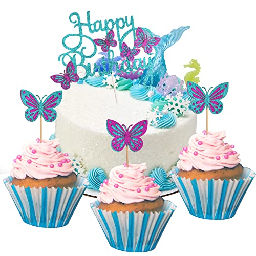13 Stück Cake Topper Schmetterling, Tortenstecker Geburtstag Mädchen, 12 Schmetterlinge Kuchenstecker Beidseitig + Happy Birthday, Kuchen Topper Glitzer Tortendeko für Cupcake von Catime