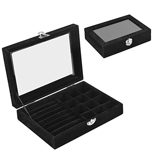 Samt Schmuck Organizer Box, Schmuckkästen mit Glasdeckel, Schmuckdisplay Schmuck Aufbewahrung Box, Schmuckkoffer Schmuckschatulle Schmucklade für Halskette Armband Ringe Ohrringe Jewelry (Schwarz) von Catime