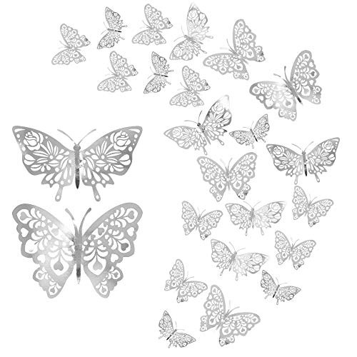 24 Stücke Schmetterling Wandaufkleber,CattleyaHQ Mixed 3D Schmetterlinge Wandtattoos,Lebhaft Blitz Wandaufkleber für Zuhause, Schlafzimmer, Babyzimmer Dekoration (Silber) von CattleyaHQ