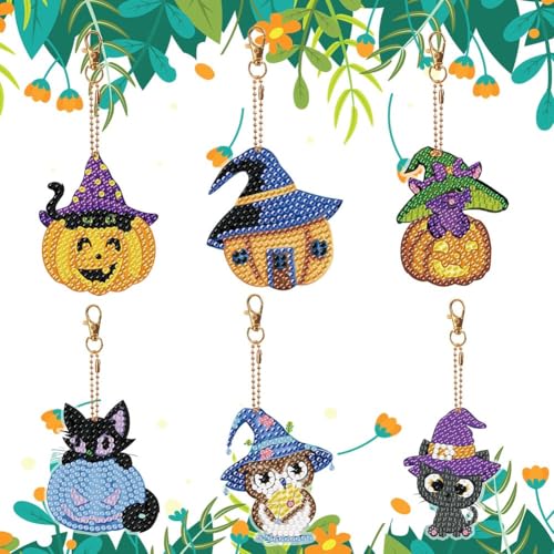 CavspkArt 6 Pcs 3D Halloween Diamond Art Painting Keychain DIY Doppelseitig Halloween Diamant Malerei Anhänger Set Diamond Painting Anhänger Set Hexenhut Kürbis Eule Halloween Handgemachte Geschenke von CavspkArt