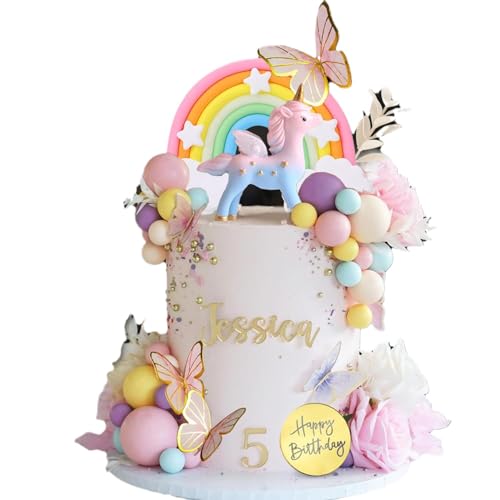 Einhorn-Regenbogen-Kuchendekorationen, Einhorn-Kuchenaufsätze mit Schmetterlingen, Happy Birthday-Banner, Regenbogenbogen, bunte Kugel, künstliche getrocknete Blume, Geburtstagsparty-Zubehör für von CavspkArt