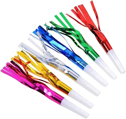 24 Stück zufällige Farbe Metallic Noise Makers Party Blowouts Pfeifen Glitzer Fransen Geräuschmacher Partyzubehör Blowouts Kinder Spielzeug für Party Sport Spiele von Cawhui