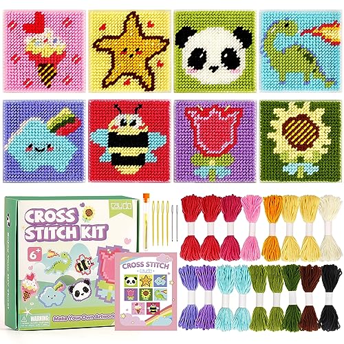 Caydo 8-in-1 Kreuzstich-Set für Anfänger Kinder, enthält 8 Stück Kunststoff-Leinwand mit vorgedruckten Mustern, 13 Farben Fäden, Anleitung, Sticknadeln für Anfänger Nähen von Caydo