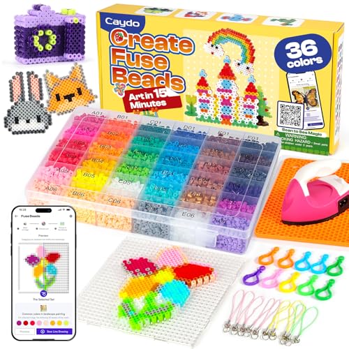 Caydo Fuse-Perlen-Set mit über 100 Mustern in exklusiver Kunst-Design-App, 10.0000 Stück, 5 mm, 36 Farben, schmelzende Perlen-Set mit Mini-Eisen und Anti-Kalk-Matte, Geschenke für Mädchen und Jungen von Caydo