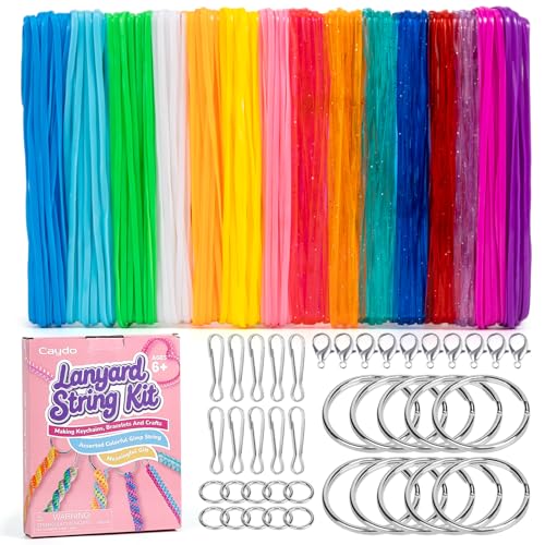 Caydo Kunststoff-Schlüsselband-Set, 15 Farben, 2 Stile, Kunststoffschnur, Boondoggle-Schnur-Set mit 40 Schlüsselanhänger-Zubehör und Anleitung (evtl. nicht in deutscher Sprache), Gimpenschnur zum von Caydo