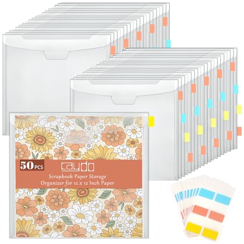 Caydo SC-022S Scrapbook-Papieraufbewahrung mit Schnallen-Design, transparenter Scrapbook-Papier-Organizer mit 120 Stück Haftindex-Tabs für 30,5 x 30,5 cm, Scrapbook-Papier, Vinylpapier, Fotos, 50 von Caydo