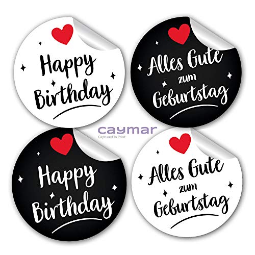 24 Happy Birthday und Alles Gute zum Geburtstag Aufkleber Sticker aus Papier in rund weiß schwarz mit Herz für Geschenk Glückwunsch Kinder Erwachsene 24 Happy Birthday und Alles Gute zum Geburtstag Aufkleber Sticker aus Papier in rund weiß schwarz mit Herz für Geschenk Glückwunsch Kinder Erwachsene von Caymar - Captured In Print