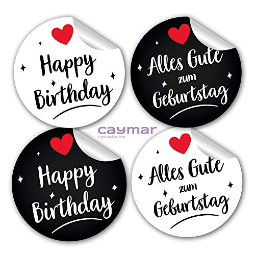 24 Happy Birthday und Alles Gute zum Geburtstag Aufkleber Sticker aus Papier in rund weiß schwarz mit Herz für Geschenk Glückwunsch Kinder Erwachsene von Caymar - Captured In Print