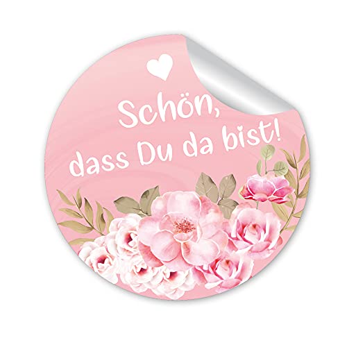 48 SCHÖN DASS DU DA BIST Hochzeit Geburtstag Geschenk DIY Aufkleber Sticker selbstklebend 4 cm rund rosa weiß Blumen von Caymar - Captured In Print