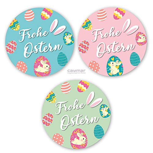 Frohe Ostern Aufkleber für Kinder Oster Sticker Etikett Hasenohren Hase Ostereier in Blau Grün Rosa Osterhase von Caymar - Captured In Print