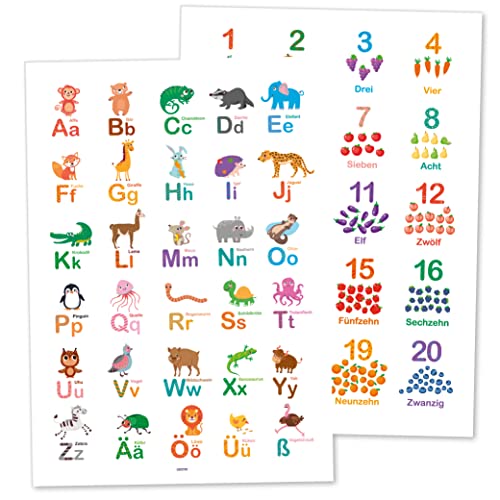 Poster ABC und Zahlen Lernposter als SET bestehend aus 2 Poster in DinA2 | Alphabet Zahlen | Süße Tiere und Früchte | Kinderzimmer Grundschule von Caymar - Captured In Print