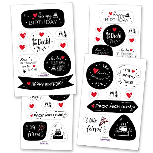 Aufkleber Set für Geburtstag - Sticker für Glückwunschkarten Geschenke Briefumschläge | für Erwachsene Kinder | mit Herz | Set: 20 große Sticker auf 4 DIN A6 Bögen von Caymar - Captured In Print