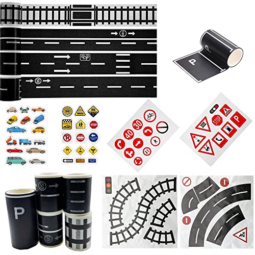 Cayway 10 Pieces Road Tape Railway, Curve, Motorway, Speed Limit Track with Traffic Sign, Parking Sign Sticker for Children Vehicle, Kid Learning Adhesive Tape von Cayway