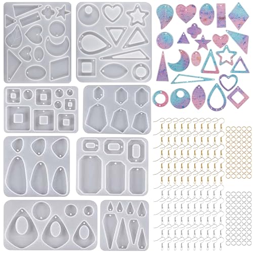 Cayway Ohrringe Resin Silikonform, 8 Stück Gießform für Epoxidharz Schmuck, Formen mit Ohrhaken für Harz, Ohrring Handwerk DIY von Cayway