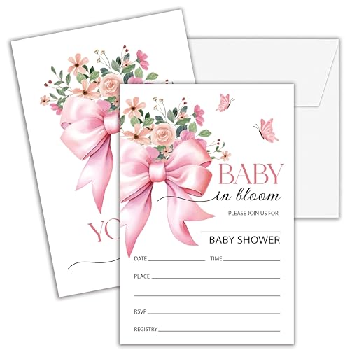 Cashes Babyparty-Einladungen für Mädchen, doppelseitig, rosa Schleife, Babyparty-Einladungen, Wildblumen-Schleife, Party-Dekorationen, Gastgeschenke – D09 Cashes Babyparty-Einladungen für Mädchen, doppelseitig, rosa Schleife, Babyparty-Einladungen, Wildblumen-Schleife, Party-Dekorationen, Gastgeschenke – D09 von Cazhes