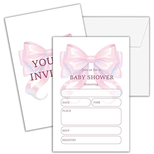 Cashes Babyparty-Einladungen für Mädchen, doppelseitige rosa Schleife, Babyparty-Einladungen, elegante Schleife, Party-Dekorationen, Zubehör – D10 Cashes Babyparty-Einladungen für Mädchen, doppelseitige rosa Schleife, Babyparty-Einladungen, elegante Schleife, Party-Dekorationen, Zubehör – D10 von Cazhes