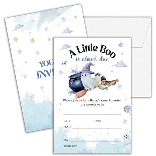 Cazhes Babyparty-Einladungen für Jungen, doppelseitig, Halloween-Babyparty-Einladungen mit Umschlägen, "A Little Boo is Alomst Due Partyzubehör", E03, 25 Stück Cazhes Babyparty-Einladungen für Jungen, doppelseitig, Halloween-Babyparty-Einladungen mit Umschlägen, "A Little Boo is Alomst Due Partyzubehör", E03, 25 Stück von Cazhes