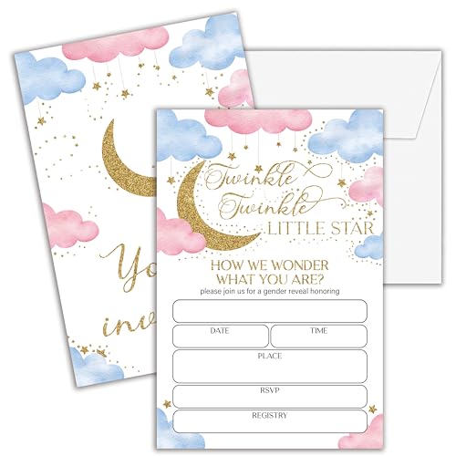 Cazhes Babyparty-Einladungen für Jungen und Mädchen, 25 doppelseitige Mondsterne, geschlechtsneutrale Einladungen mit Umschlägen, Twinkle Twinkle Little Star, Party-Dekorationen, Zubehör – D04 Cazhes Babyparty-Einladungen für Jungen und Mädchen, 25 doppelseitige Mondsterne, geschlechtsneutrale Einladungen mit Umschlägen, Twinkle Twinkle Little Star, Party-Dekorationen, Zubehör – D04 von Cazhes
