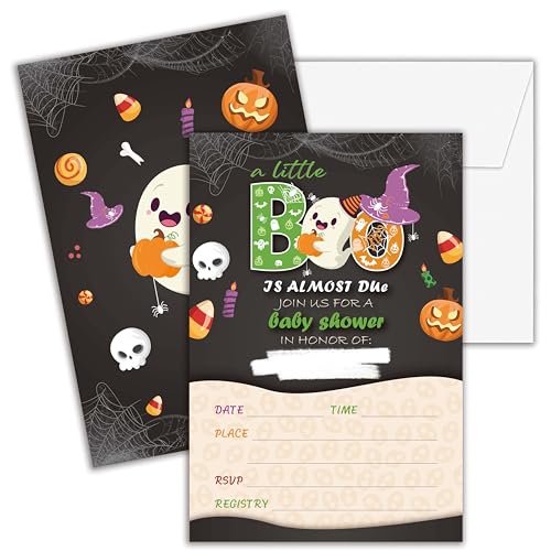 Cazhes Babyparty-Einladungen für Jungen und Mädchen, doppelseitig, geschlechtsneutrale Halloween-Einladungen mit Umschlägen, "A Little Boo is Almost Due Partyzubehör", E05, 25 Stück Cazhes Babyparty-Einladungen für Jungen und Mädchen, doppelseitig, geschlechtsneutrale Halloween-Einladungen mit Umschlägen, "A Little Boo is Almost Due Partyzubehör", E05, 25 Stück von Cazhes