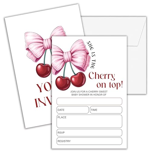 Cazhes Babyparty-Einladungen für Mädchen, 25 doppelseitige rosa Schleife, Babyparty-Einladungen, Kirsche auf der Oberseite, Party-Dekorationen, Zubehör – D08 von Cazhes