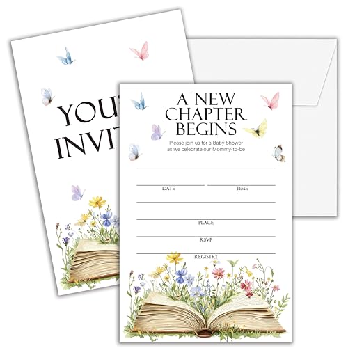 Cazhes Einladungen für Babypartys, 25 doppelseitige Einladungen mit Aufschrift "A New Chapter Begins", Wildblumen-Schmetterling, geschlechtsneutrale Party-Dekorationen, Gastgeschenke – D06 Cazhes Einladungen für Babypartys, 25 doppelseitige Einladungen mit Aufschrift "A New Chapter Begins", Wildblumen-Schmetterling, geschlechtsneutrale Party-Dekorationen, Gastgeschenke – D06 von Cazhes
