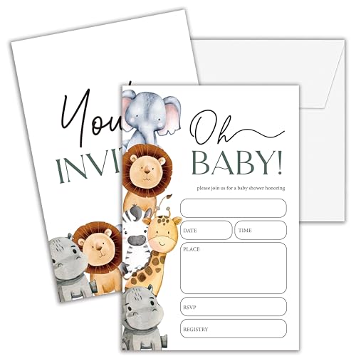 Cazhes Einladungen für Babypartys, doppelseitig, Dschungelsafari, Babyparty-Einladungen mit Umschlägen, Waldtiere, Party-Dekorationen, Zubehör – D03, 25 Stück von Cazhes