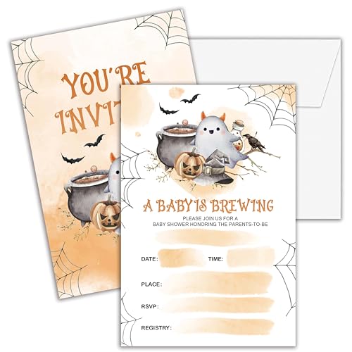 Cazhes Halloween-Baby-Party-Einladungen für Jungen, doppelseitig, gruselige Geister-Party-Einladungen mit Umschlägen, "A Baby is Brewing" Partyzubehör – E04, 25 Stück von Cazhes