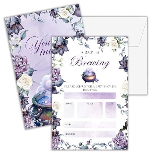 Cazhes Halloween-Einladungen für Babypartys, doppelseitig, violett, Blumenmuster, geschlechtsneutral, mit Umschlägen, "A Baby is Brewing", Partyzubehör, Gastgeschenke – E01, 25 Stück von Cazhes