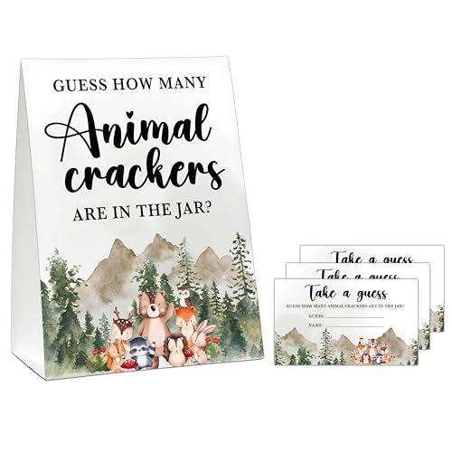 Woodland Babyparty-Spiel, Ratet mal wie viele Tierknaller, Dschungeltier-Safari 1 stehendes Schild mit 50 Karten für geschlechtsneutrale Babyparty - A01 Woodland Babyparty-Spiel, Ratet mal wie viele Tierknaller, Dschungeltier-Safari 1 stehendes Schild mit 50 Karten für geschlechtsneutrale Babyparty - A01 von Cazhes