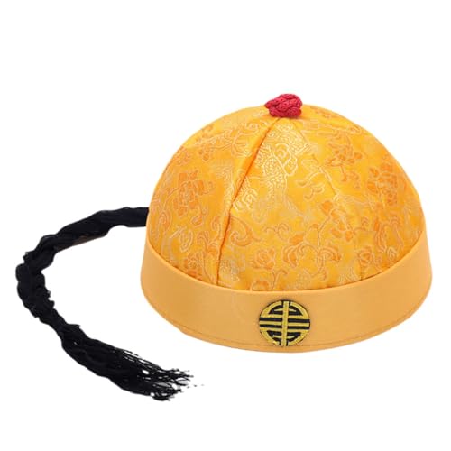 Cazqgoy Chinese Imperial Hat, Chinese Antique Prince Hat, Mandarin Hat with Braid, Chinese Oriental Hat, Chinese Emperor Hat (Gelb) von Cazqgoy