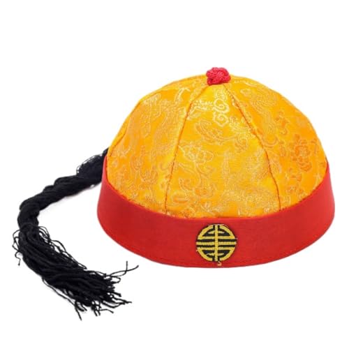 Cazqgoy Chinese Imperial Hat, Chinese Antique Prince Hat, Mandarin Hat with Braid, Chinese Oriental Hat, Chinese Emperor Hat (Rot und Gelb) von Cazqgoy