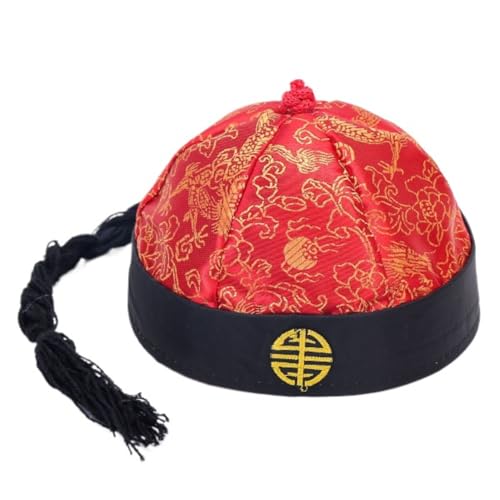 Cazqgoy Chinese Imperial Hat, Chinese Antique Prince Hat, Mandarin Hat with Braid, Chinese Oriental Hat, Chinese Emperor Hat (Rot und Schwarz) von Cazqgoy