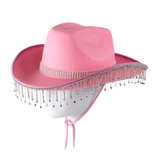 Cazqgoy Cowboyhut mit Strasssteinen, Fransen für Braut, Cowgirl, Glitzer, Cowboyhut (Rosa) von Cazqgoy