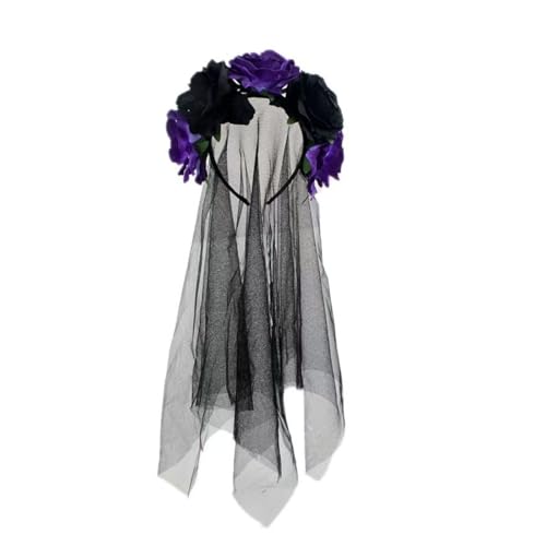 Cazqgoy Halloween Rose Headdress Flower Headband,Rose Flower Wreath Bridal Veil Halloween Headwear,Rose Headband Halloween Style (Violett) von Cazqgoy
