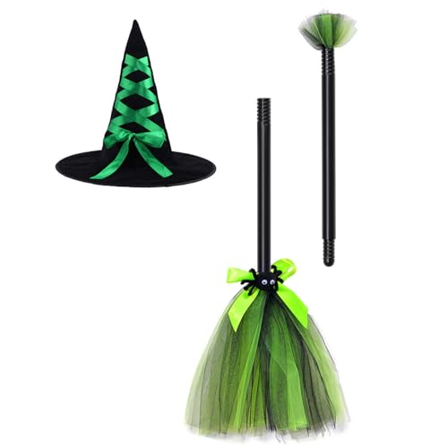 Cazqgoy Halloween Witch Broom Hat Set, Witch Hat Set Halloween Witch Hat (Grün) von Cazqgoy