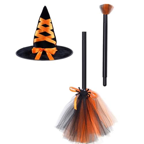 Cazqgoy Halloween Witch Broom Hat Set, Witch Hat Set Halloween Witch Hat (Orange) von Cazqgoy