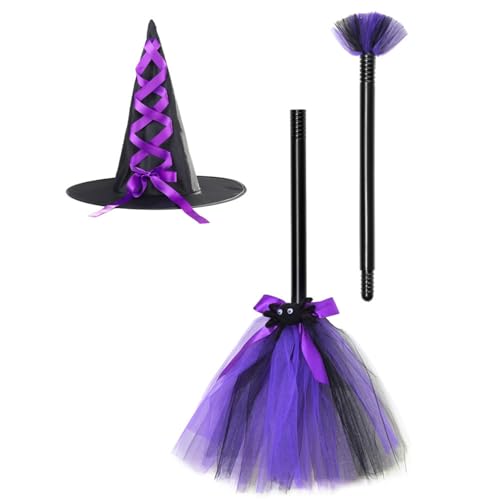 Cazqgoy Halloween Witch Broom Hat Set, Witch Hat Set Halloween Witch Hat (Violett) von Cazqgoy