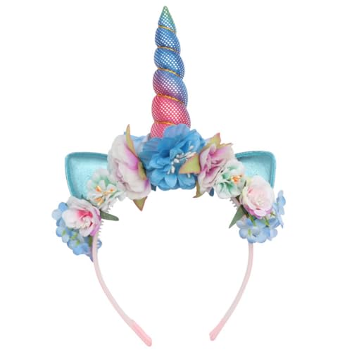 Einhorn Horn Floral Stirnband, Unicorn Headband,Blumen Horn Haarreif,Geburtstag Ostern Party Cosplay Kostüm Zubehör (Blau) von Cazqgoy