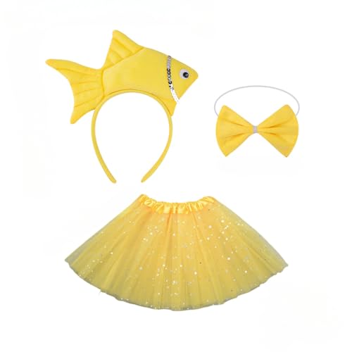 Fish Costume Set, Cute Sea Animal Cosplay Outfit with Fish Headband, Tutu, Bow Tie for Halloween Christmas Party Sea Animal Cosplay Costumes (Gelb) von Cazqgoy