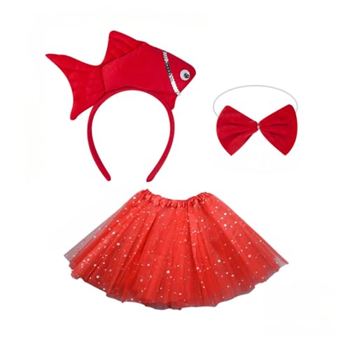 Fish Costume Set, Cute Sea Animal Cosplay Outfit with Fish Headband, Tutu, Bow Tie for Halloween Christmas Party Sea Animal Cosplay Costumes (Rot) von Cazqgoy