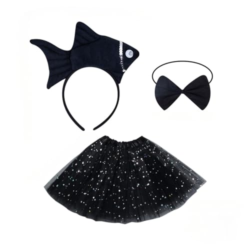 Fish Costume Set, Cute Sea Animal Cosplay Outfit with Fish Headband, Tutu, Bow Tie for Halloween Christmas Party Sea Animal Cosplay Costumes (Schwarz) von Cazqgoy