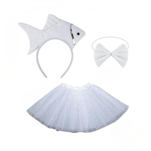 Fish Costume Set, Cute Sea Animal Cosplay Outfit with Fish Headband, Tutu, Bow Tie for Halloween Christmas Party Sea Animal Cosplay Costumes (Weiß) von Cazqgoy