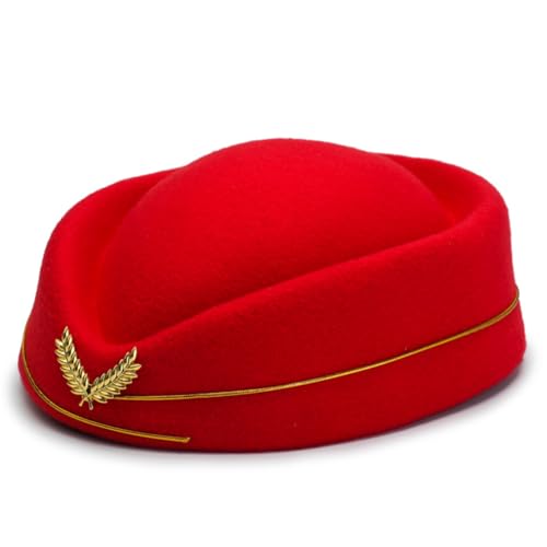 Flight Attendant Hat, Cosplay Uniform Hat, Airline Assistant Hat, Stewardess Hat, Wool Hat, Cosplay Accessories for Women (Rot) von Cazqgoy