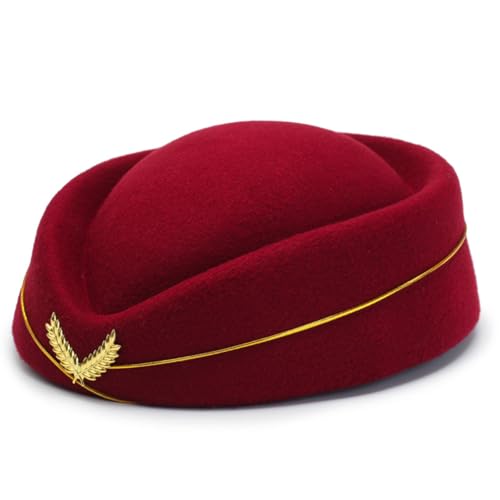 Flight Attendant Hat, Cosplay Uniform Hat, Airline Assistant Hat, Stewardess Hat, Wool Hat, Cosplay Accessories for Women (Wein rot) von Cazqgoy