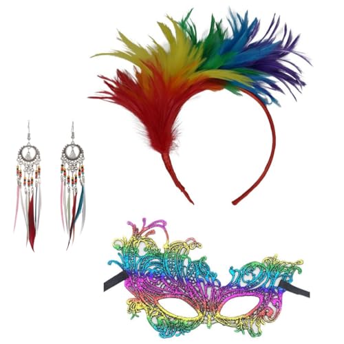 Rainbow Feather Headbands, Colourful Feather Headband, Parrot Hair Band, Sexy Lace Eye Mask, Masquerade Masks,Retro Earring,Boho Feather Earrings for Easter Wedding Carnival Halloween von Cazqgoy